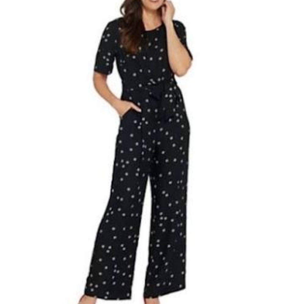 8 Vince Camuto Black Ditsy Reset Tie Waist Wide-Leg Jumpsuit